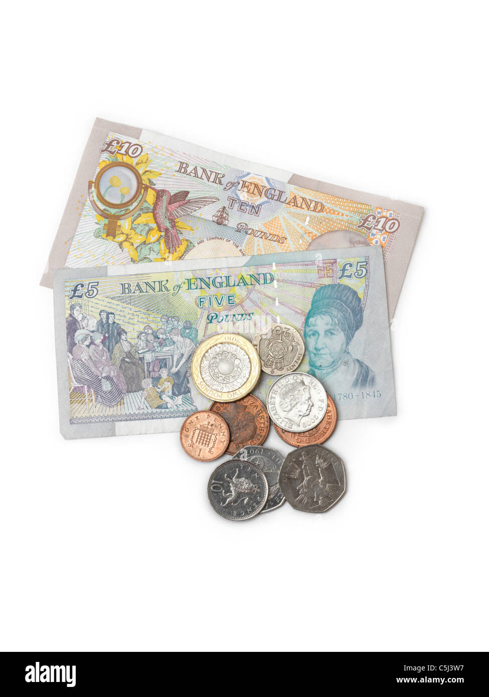 Englische Währung - Anmerkung £10, Anmerkung £5, £2 Münze, 50 Cent, 20 Cent, 10 Pence, 2 Pence, 1 Pence Stockfoto