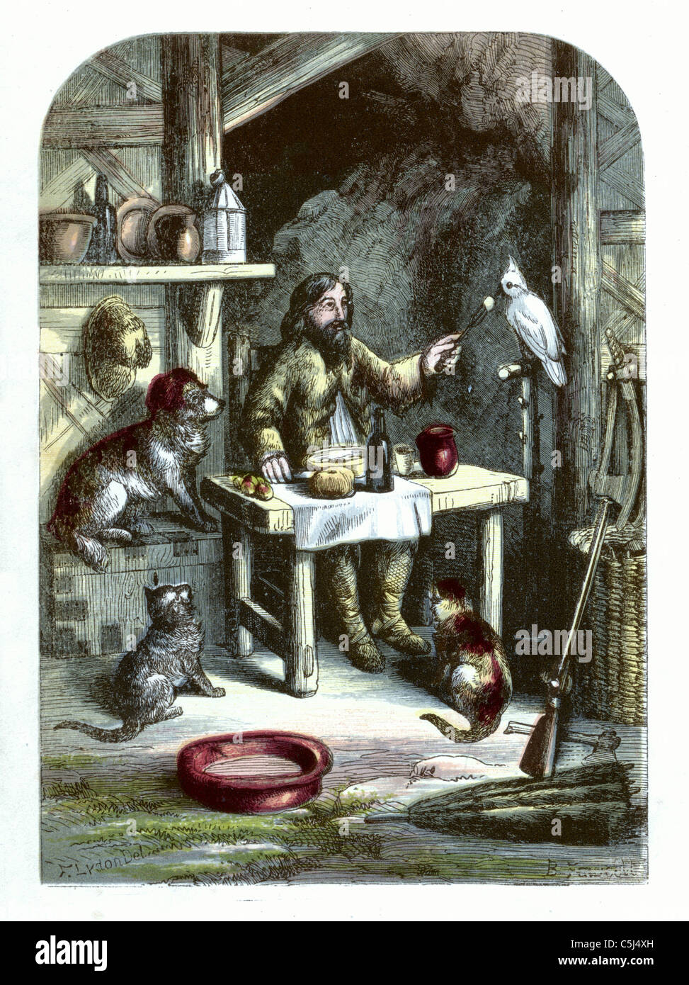 "Robinson Crusoe beim Abendessen mit seiner kleinen Familie" - Robinson Crusoe Abbildung von 1865 - Daniel Defoe, Künstler: A. F. Lydon Stockfoto