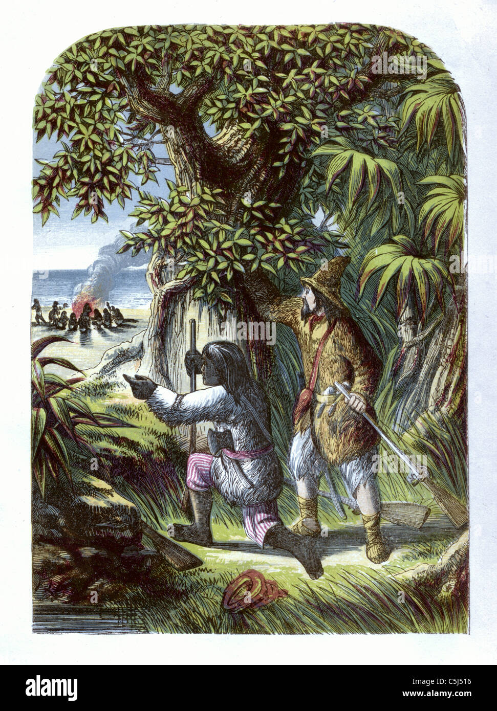 "Robinson Crusoe und Freitag der wilden Angriff - Robinson Crusoe Abbildung von 1865 - Daniel Defoe, Künstler: A. F. Lydon Stockfoto
