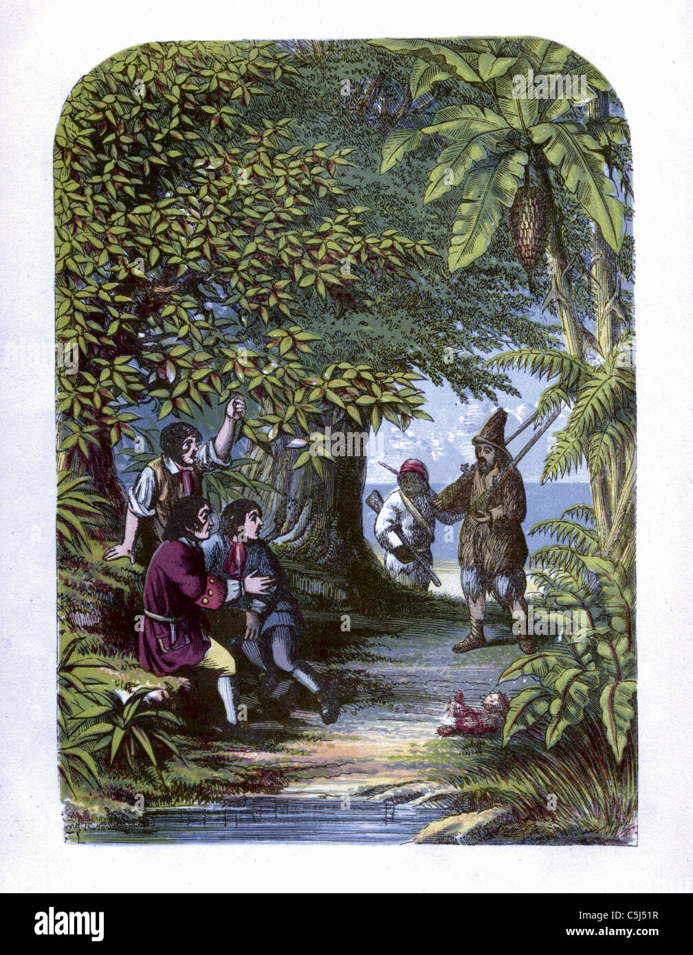 "Robinson Crusoe überraschend die drei Engländer" - Robinson Crusoe Abbildung von 1865 - Daniel Defoe, Künstler: A. F. Lydon Stockfoto