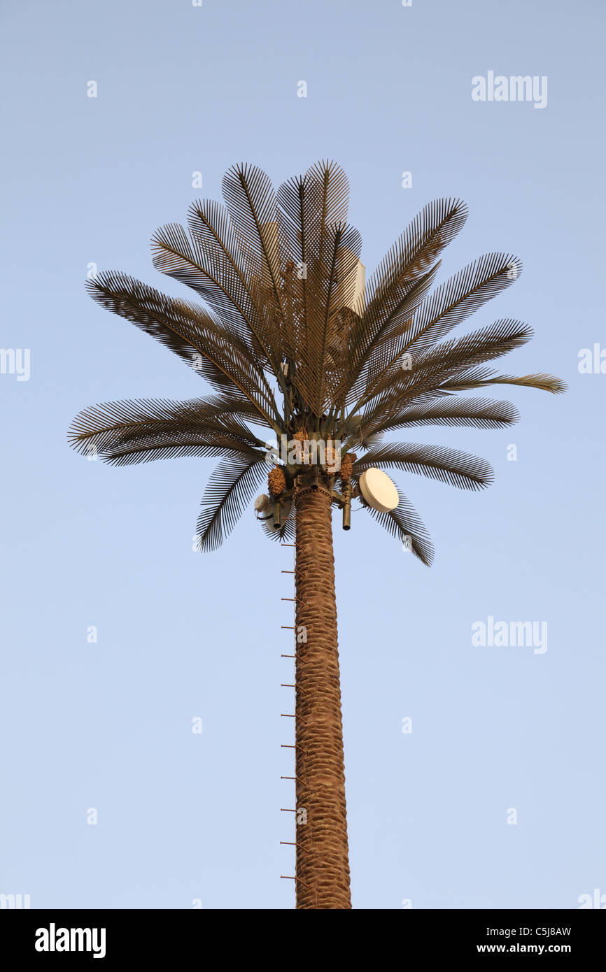 Künstliche Palme mit versteckten Mobilfunk Antennen in Dubai Stockfoto