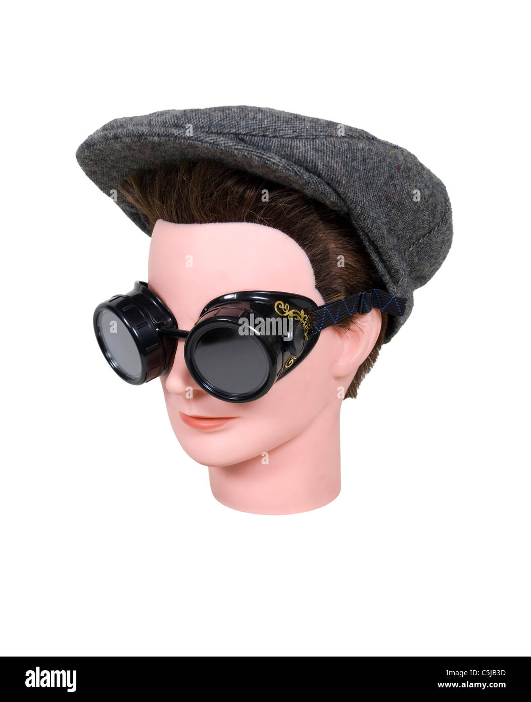 Bereit für eine gemächliche Fahrt tragen schwarze Steam Punk-Brille und einem Tweed Mütze fahren Stockfoto