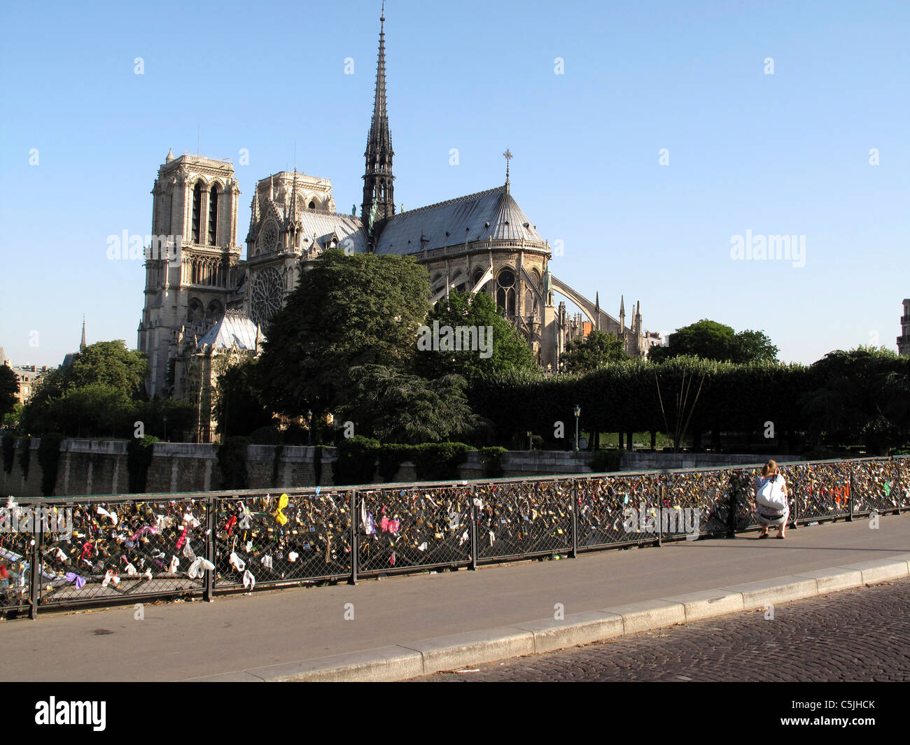 Liebe Vorhängeschloss an der Brücke Pont de l'Archeveche auf der Seine, Paris, Frankreich, Kathedrale Notre-Dame de Paris Stockfoto