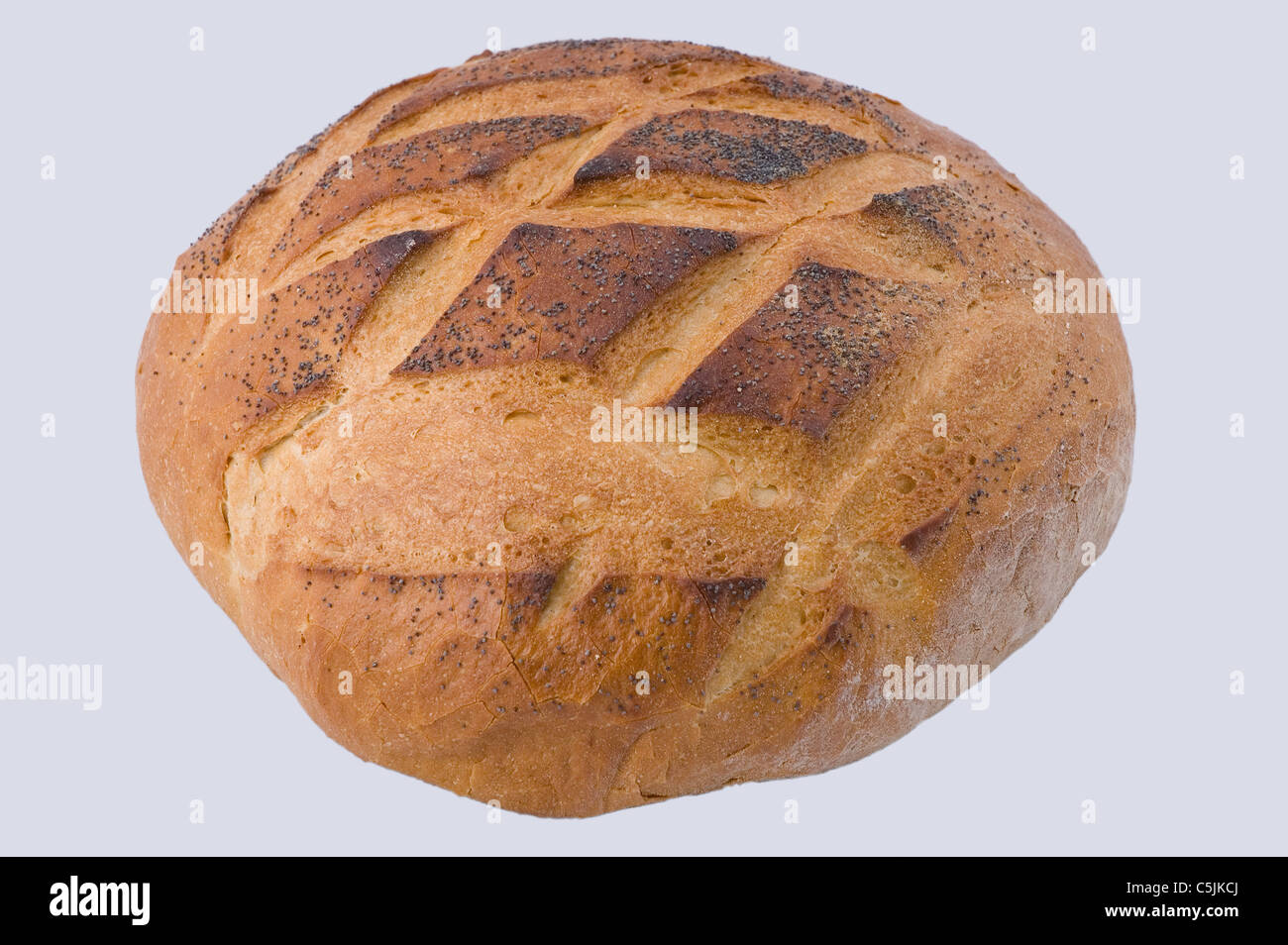 Rundes Laib Brot mit Mohnöl auf weißem Hintergrund Stockfoto