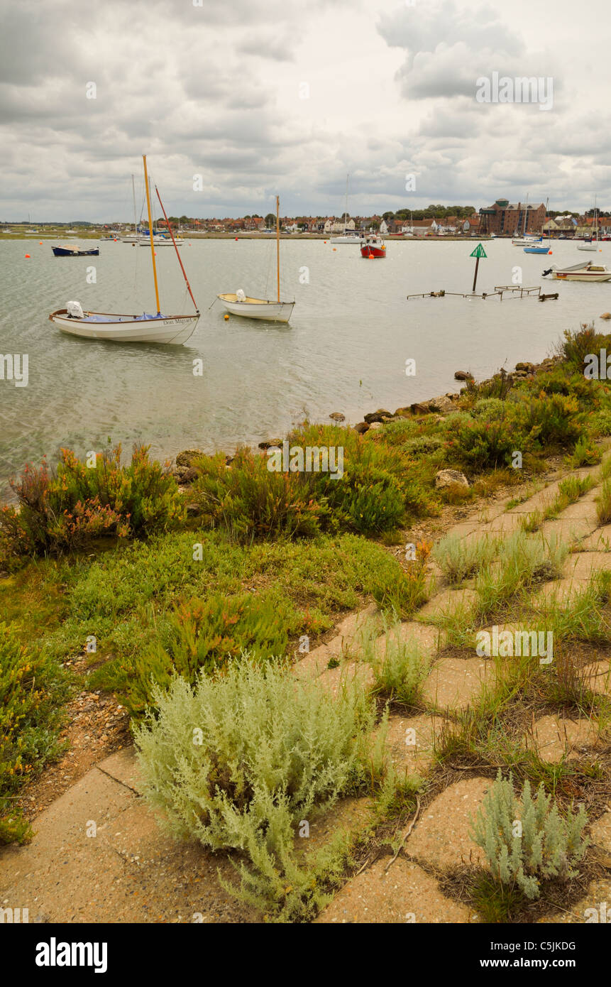 Brunnen als nächstes Meer Hafen und Stadt mit Booten und Ufermauer North Norfolk Stockfoto