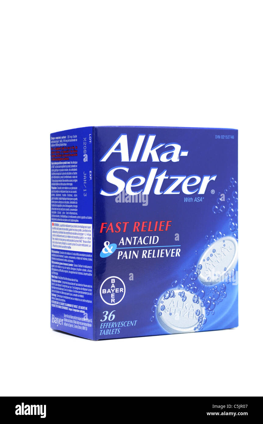 Schachtel mit Alka Seltzer Antacidum Tabletten Stockfoto