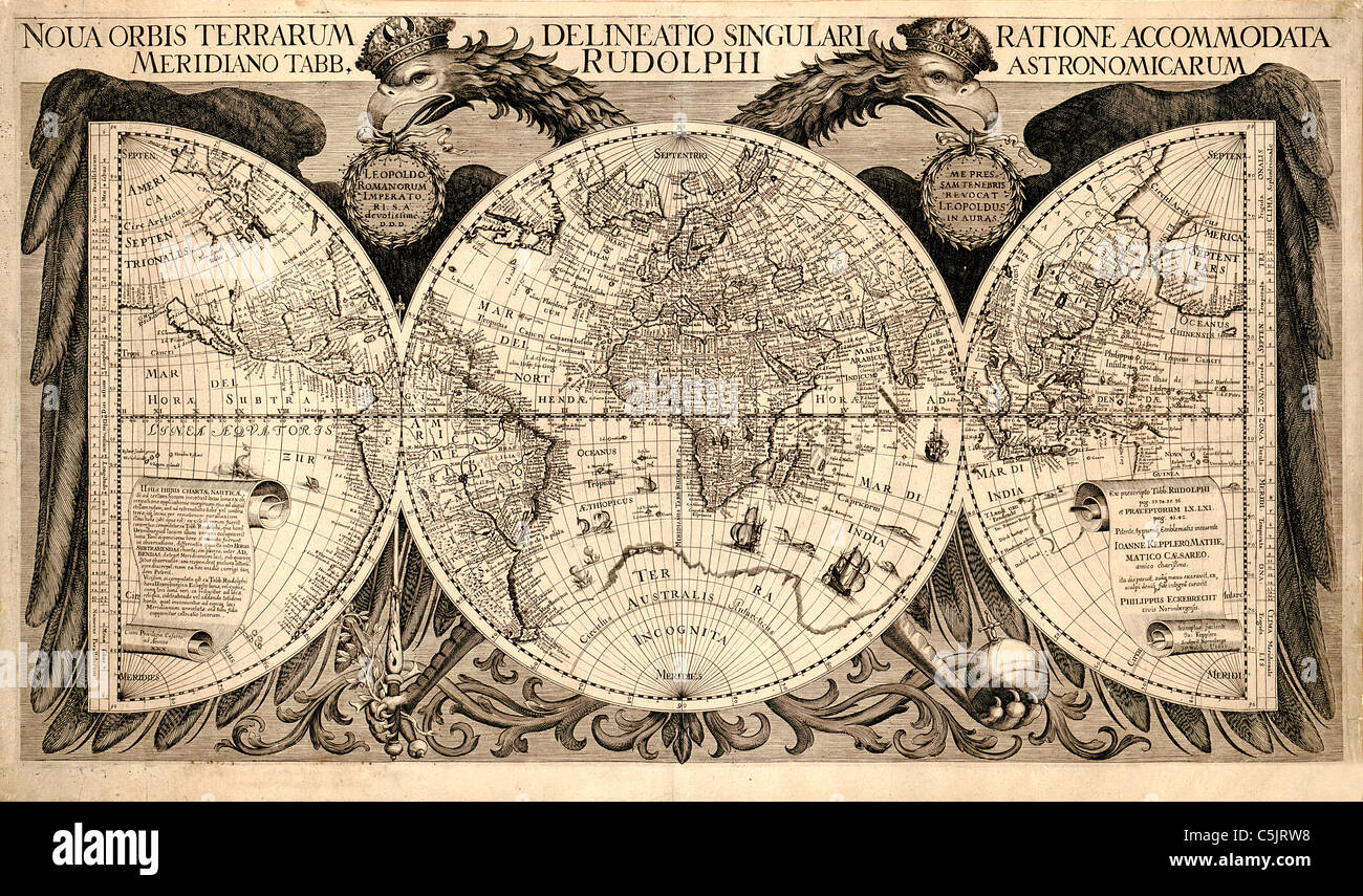 Noua Orbis Terrarum Delineatio - antike Weltkarte von Philipp Eckebrecht, 1630. Stockfoto