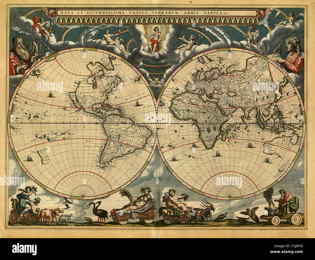 Nova et Accuratissima Totius Terrarum Orbis Tabula - antike Weltkarte von Joan Blaeu, ca. 1664. Stockfoto