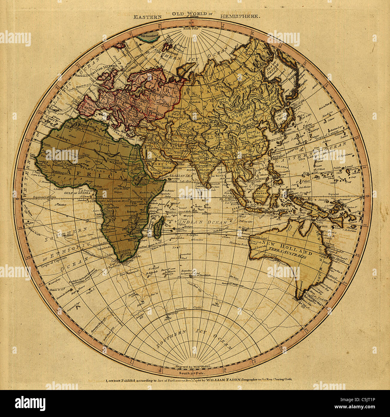 Antiquarische Weltkarte - Antike Weltkarte von William Faden - östliche Hemisphäre Stockfoto