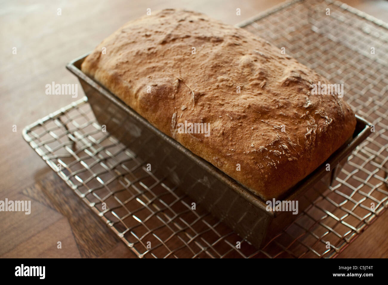 Irische Schwarzbrot, ganzes Korn Brot frisch gebacken in einem Laib Zinn Kühlung auf einem Gestell auf dem Küchentisch. Stockfoto