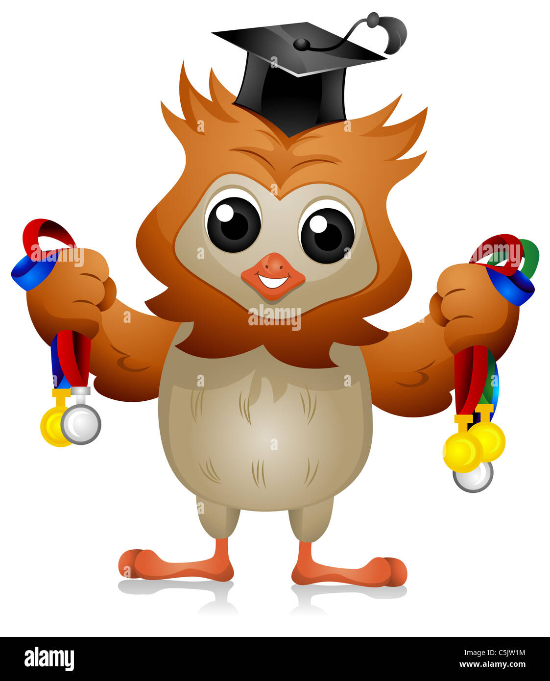 Eine niedliche Eule mit verschiedenen Medaillen in jeder Hand Stockfoto