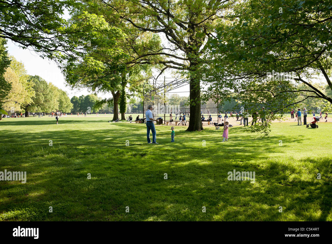 Des Mädchens Softball Spiel, dem Great Lawn, Central Park, New York Stockfoto