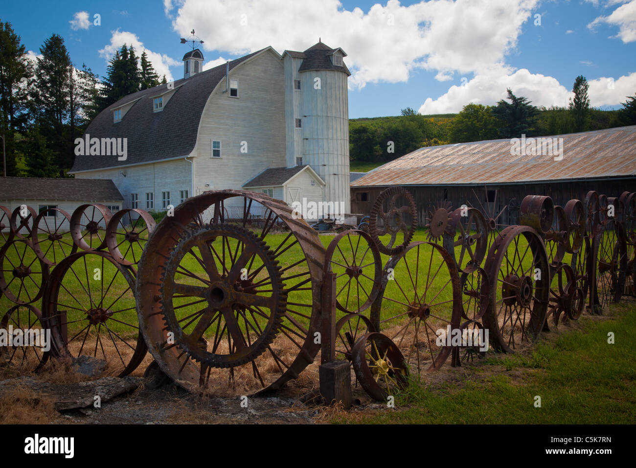 Zaun aus von Wagenräder in Uniontown, Washington Stockfoto