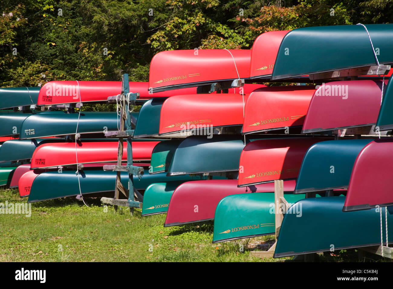 Rote und grüne Kanus in der Lagerung in den Adirondack Mountains. Stockfoto