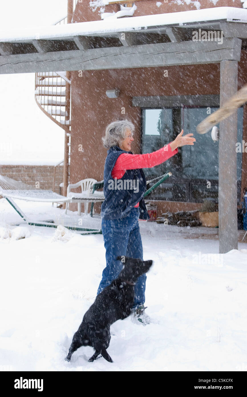 Vertikale Frau werfen Stick für Hund im Schnee Stockfoto