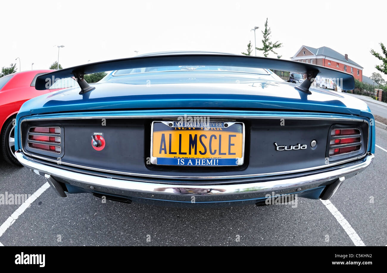 Plymouth Baracuda Muscle Car, Rückseite mit "ALLMSCLE" (alle Muskel) Eitelkeit Nummernschild an Classic Car Treffen NY 2011 (Fischaugen Ansicht) Stockfoto