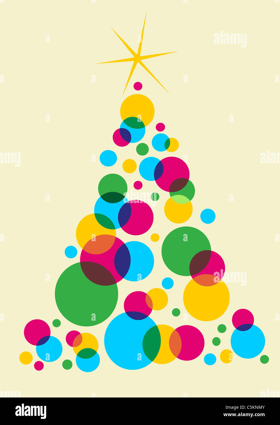 Cyan, Magenta und yellow Blasenbildung einen Weihnachtsbaum mit einem glänzenden weißen Stern an der Spitze. Grünen Hintergrund. Vektor-Datei Stockfoto