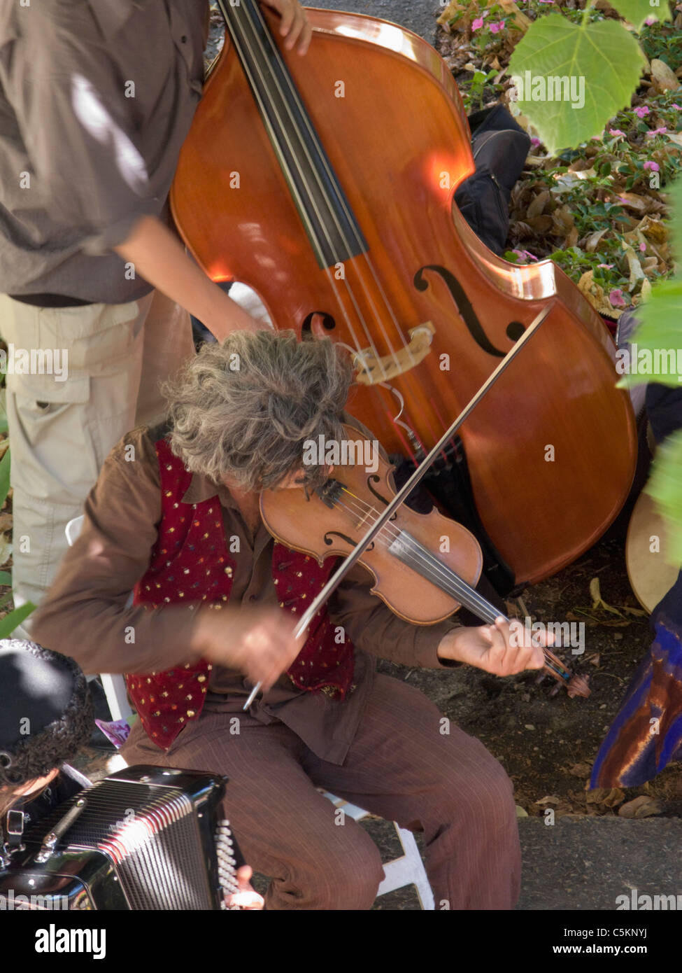 Ein Geiger, ein Kontrabassist und Akkordeonspieler von oben gesehen, spielen in einer Band Weltmusik, Arles, Frankreich Stockfoto