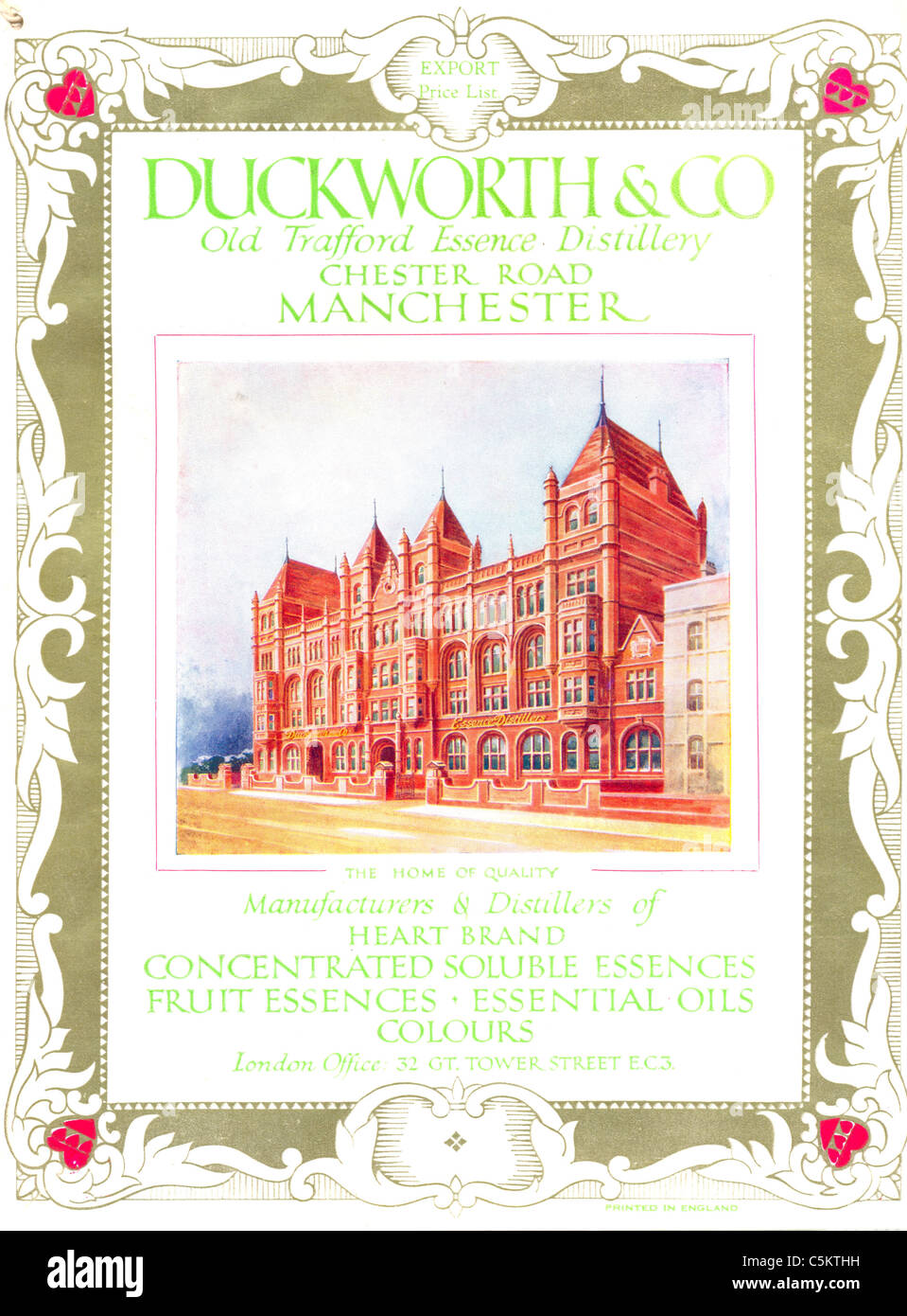 Exportieren Sie Preisliste für Duckworth & Co, Old Trafford Essenz Distillery Stockfoto