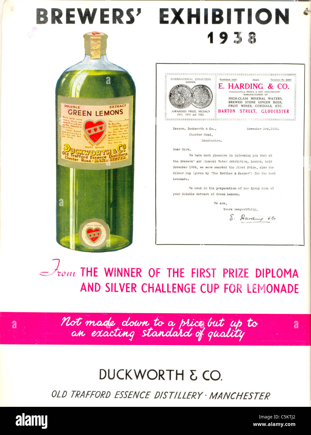 Werbung im Export-Preisliste für Duckworth & Co, Old Trafford Essenz Distillery Stockfoto