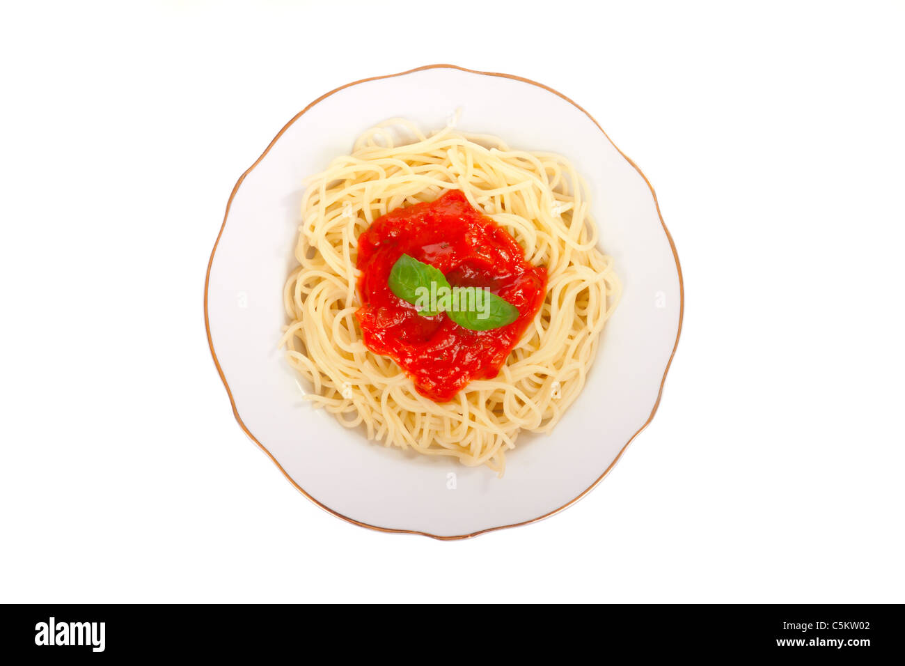 Spaghetti mit Sauce, Foto auf dem weißen Hintergrund Stockfoto