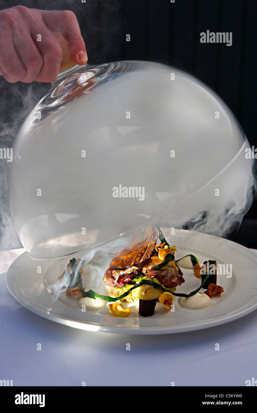 Geräucherte Taube unter einer Rauch gefüllte Kuppel auf Präsentation am Tisch angehoben wird Stockfoto
