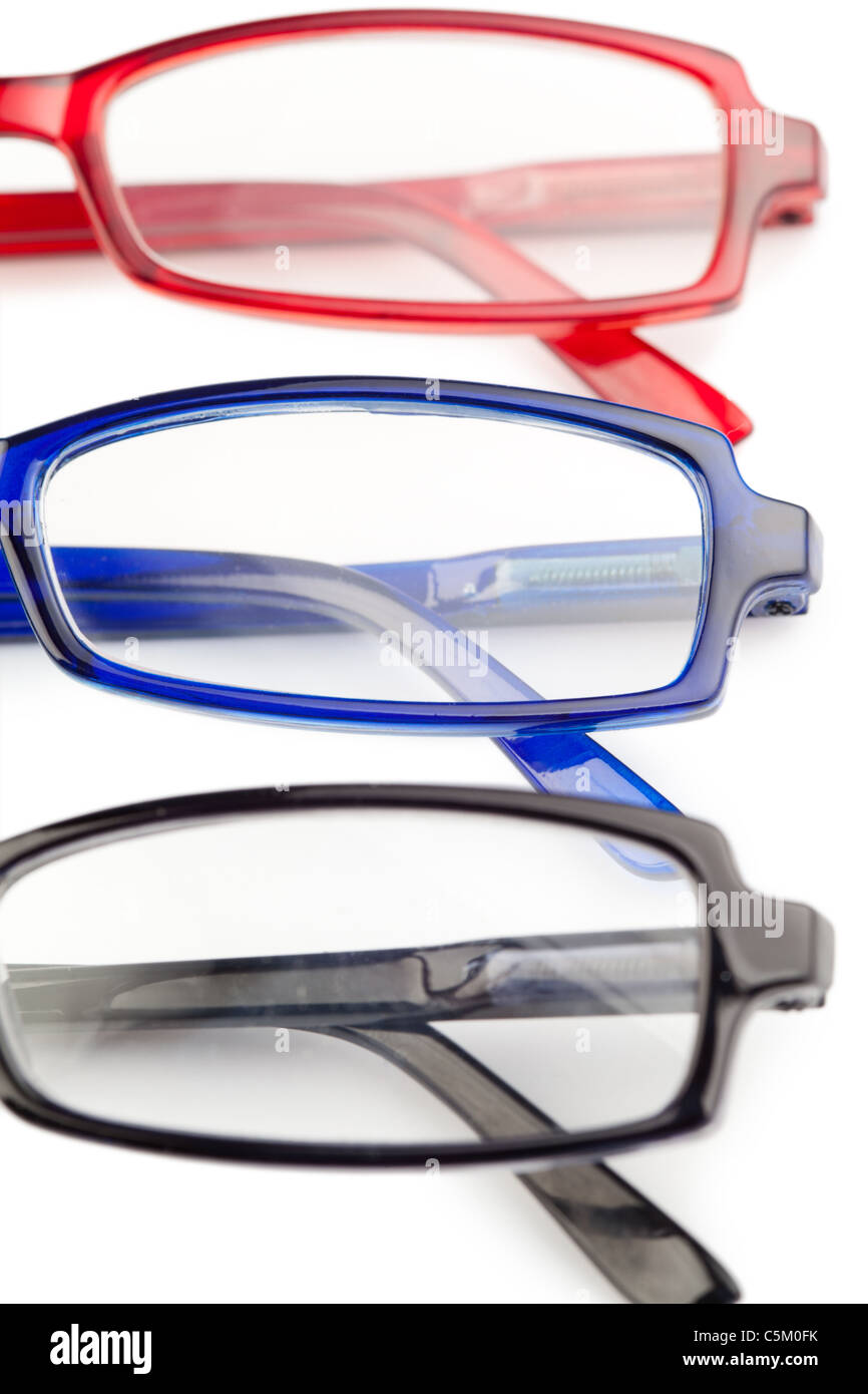 Brille mit blauen Rähmchen schwarze Rahmen und rote frames Stockfoto