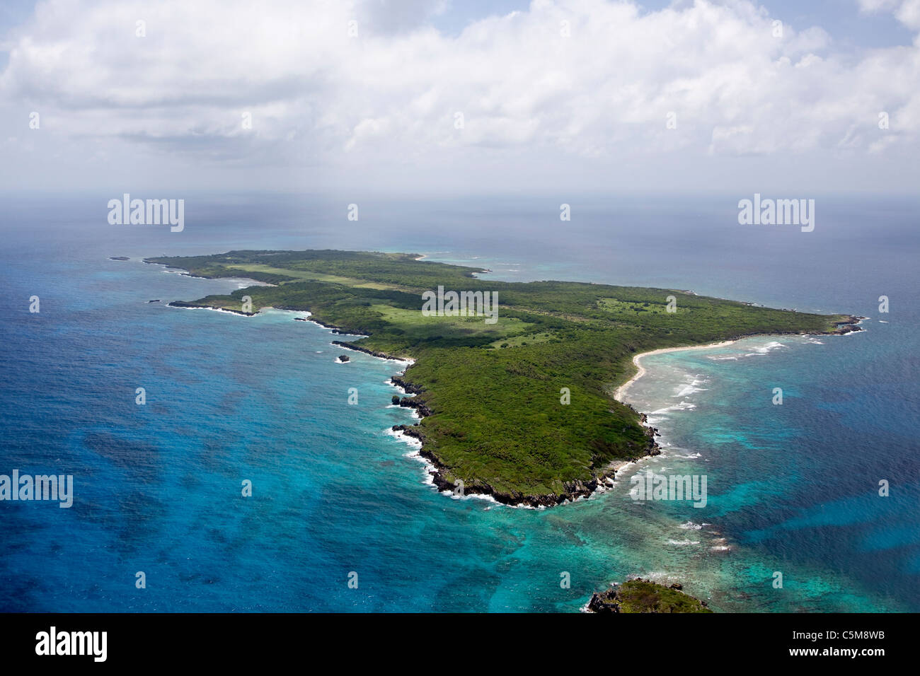 Eine Luftaufnahme des Swan Island, Inseln in eine Kette von mehreren Fernbedienung 90 Meilen von der Küste von Honduras. Stockfoto
