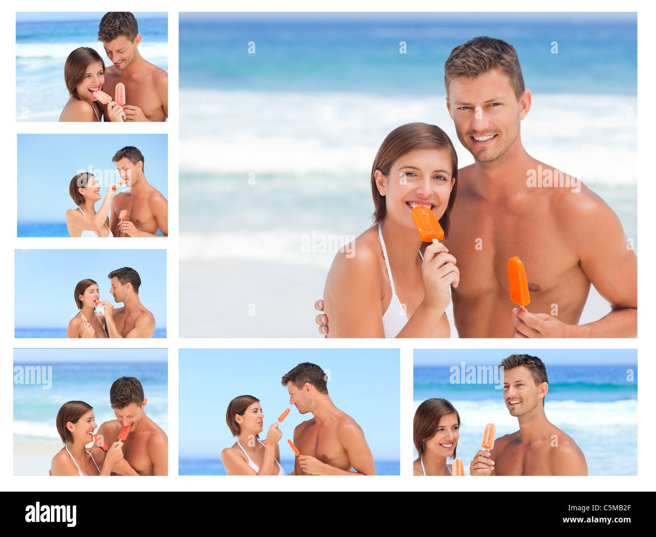 Collage aus ein paar schöne Essen einige Eis am Strand Stockfoto