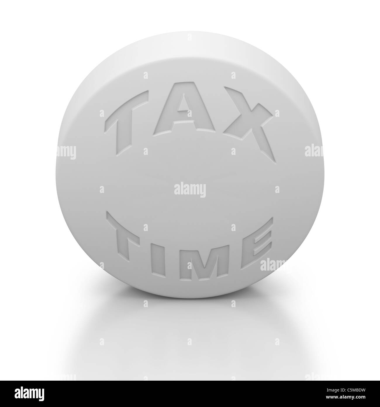 Steuer Zeit Kopfschmerzen Pille Erinnerung auf weißem Hintergrund Stockfoto
