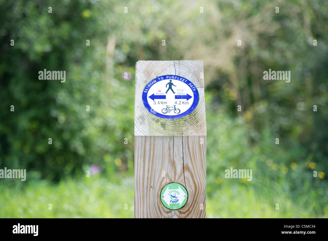 Close-up auf Wanderweg Richtung anmelden Rainham Purfleet Pfad entlang der Küste von Essex der Themse. Stockfoto