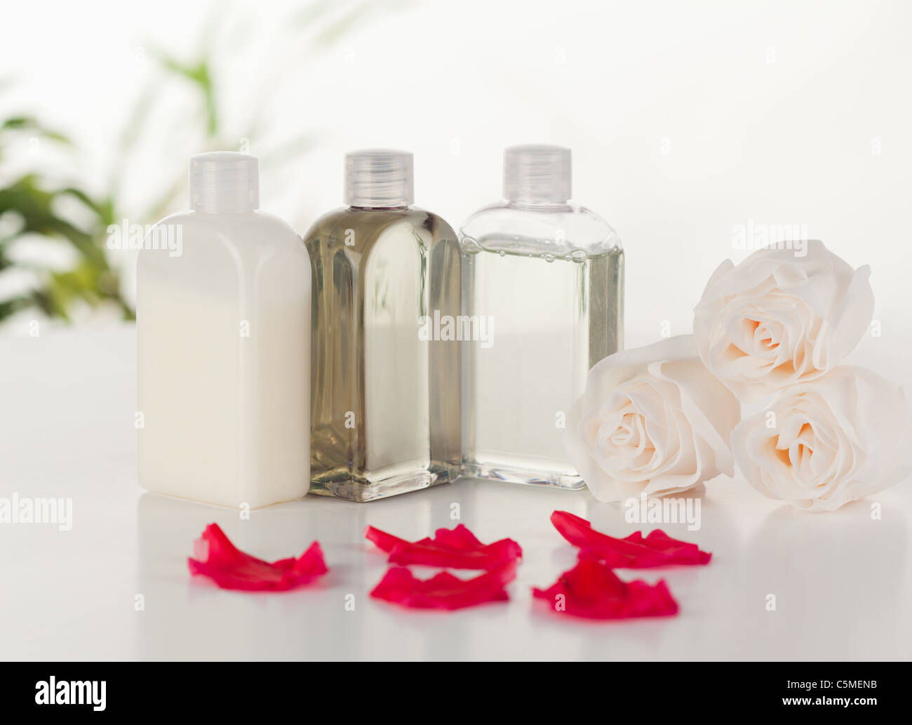 Glaskolben mit weißen Rosen und rosa Blüten Stockfoto