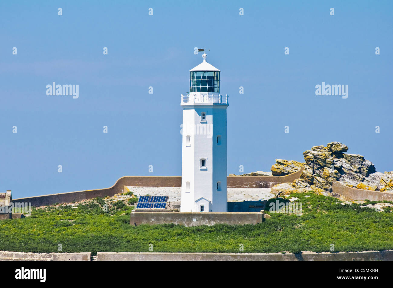Godrevy Leuchtturm, Nahaufnahme mit Solarzellen - - St. Ives, Cornwall. Stockfoto