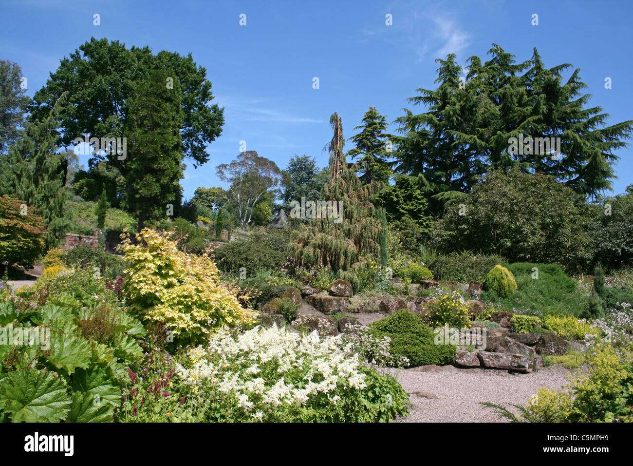 Blick auf den Steingarten am Ness Botanical Gardens, Wirral, UK Stockfoto