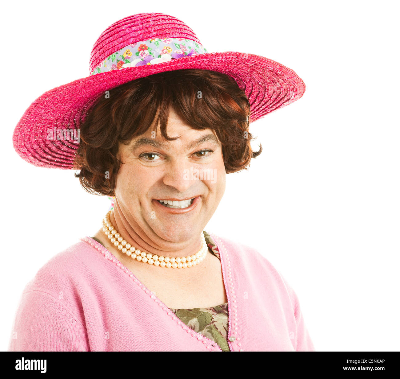Humorvolle Porträt eines Transvestiten Promi-Imitator. Isoliert auf weiss. Stockfoto