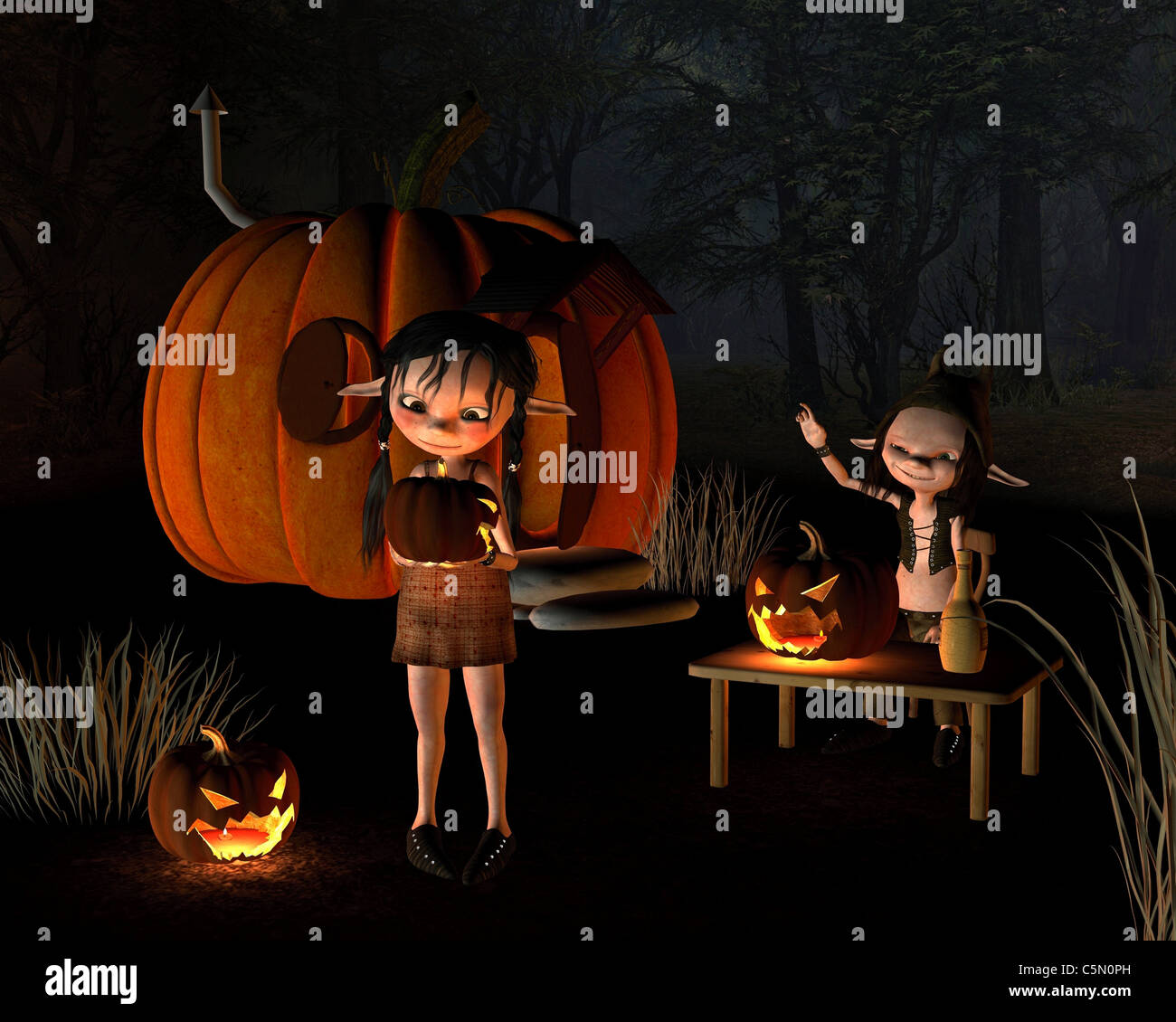 Halloween-Goblins mit Kürbis Haus Stockfoto