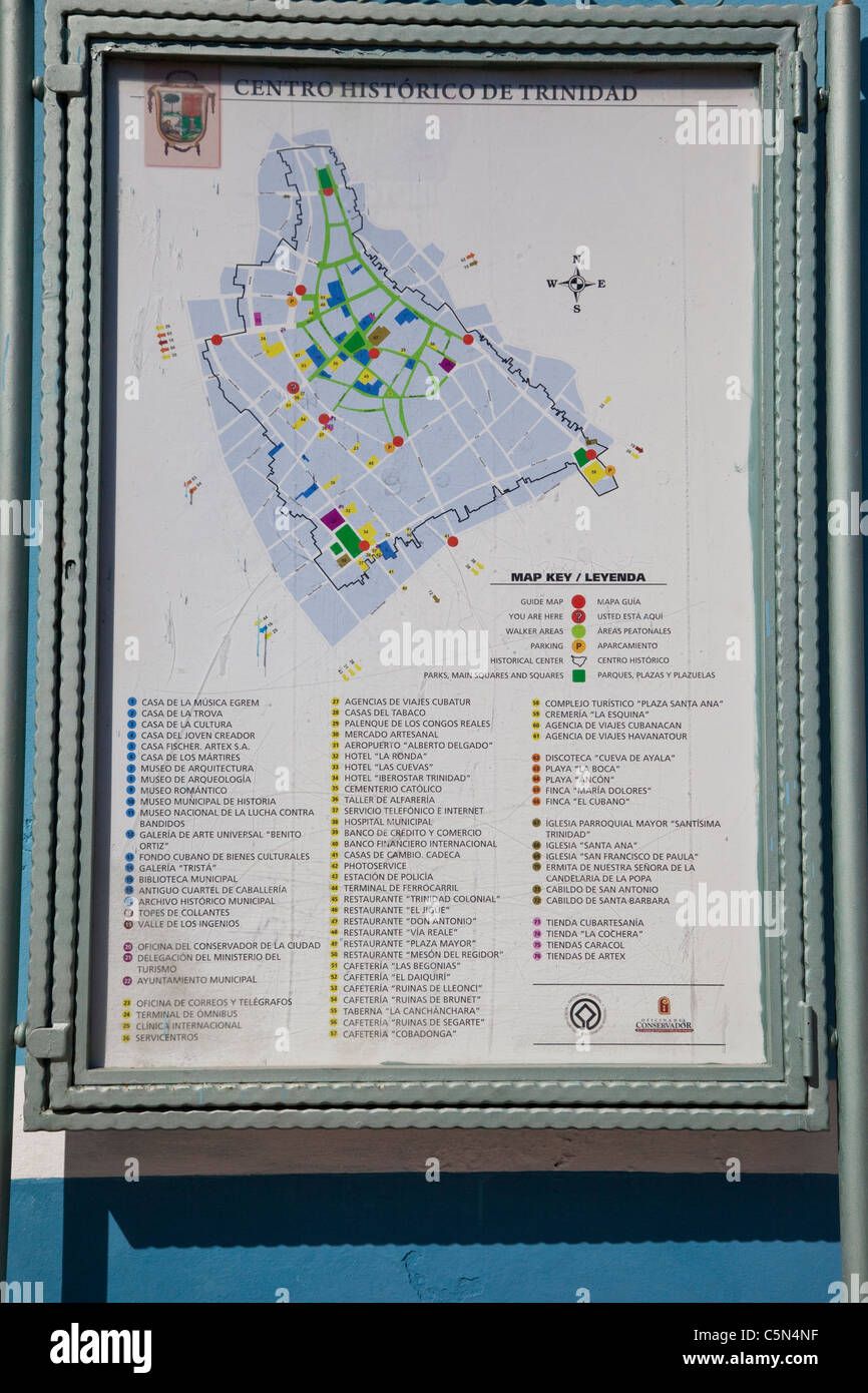 Kuba, Trinidad. Stadtplan für Touristen Gebrauch geschrieben. Stockfoto