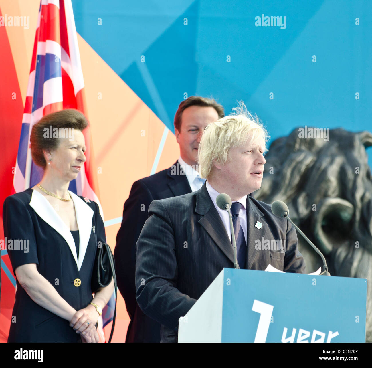 Bürgermeister Boris Johnson London Princess Royal, Prinzessin Anne, David Cameron "1 Jahr vor" London 2012 Olympics Trafalgar Square Stockfoto