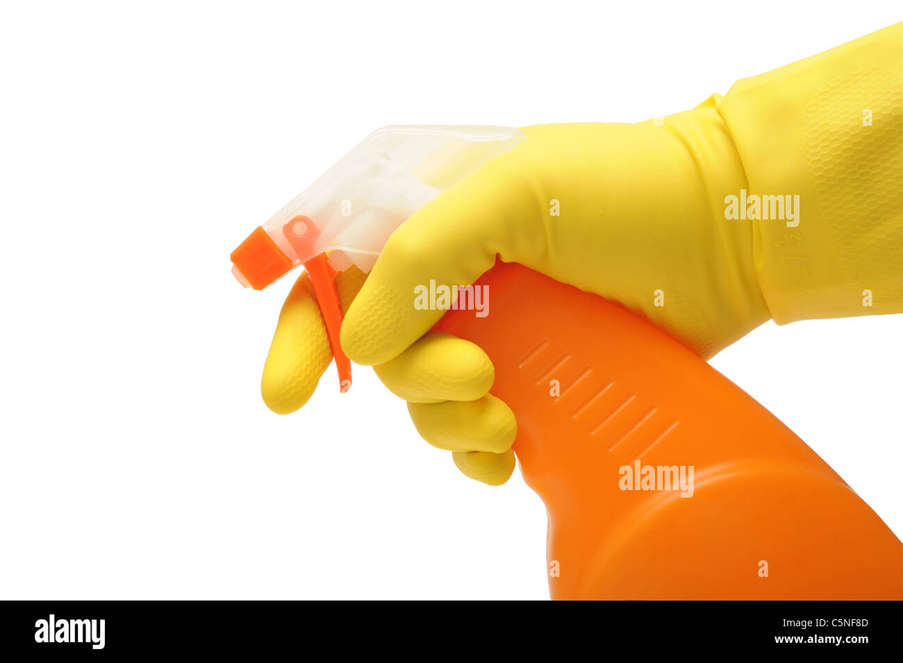 Spritzpistole von Hand tragen gelbe Abwasch Handschuh verwendet wird Stockfoto
