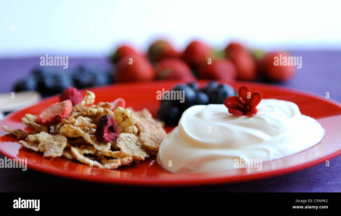 Joghurt mit Cornflakes und Früchten Stockfoto
