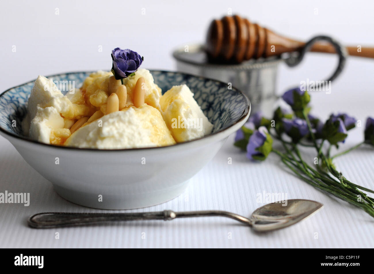 Griechischer Joghurt mit Honig und Pinienkernen Stockfoto