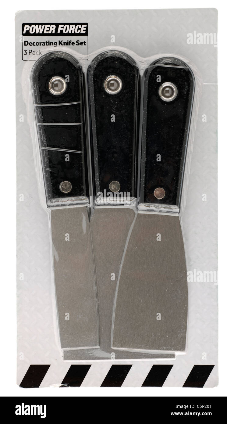 Kraft Dekoration Messer set drei Pack auf einer Cellophan wickeln versiegelte Karte. Stockfoto