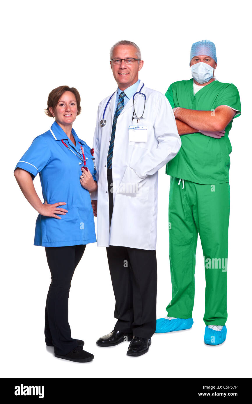 Foto von einem Ärzteteam, Arzt, Krankenschwester und Chirurg, isoliert auf einem weißen Hintergrund. Stockfoto