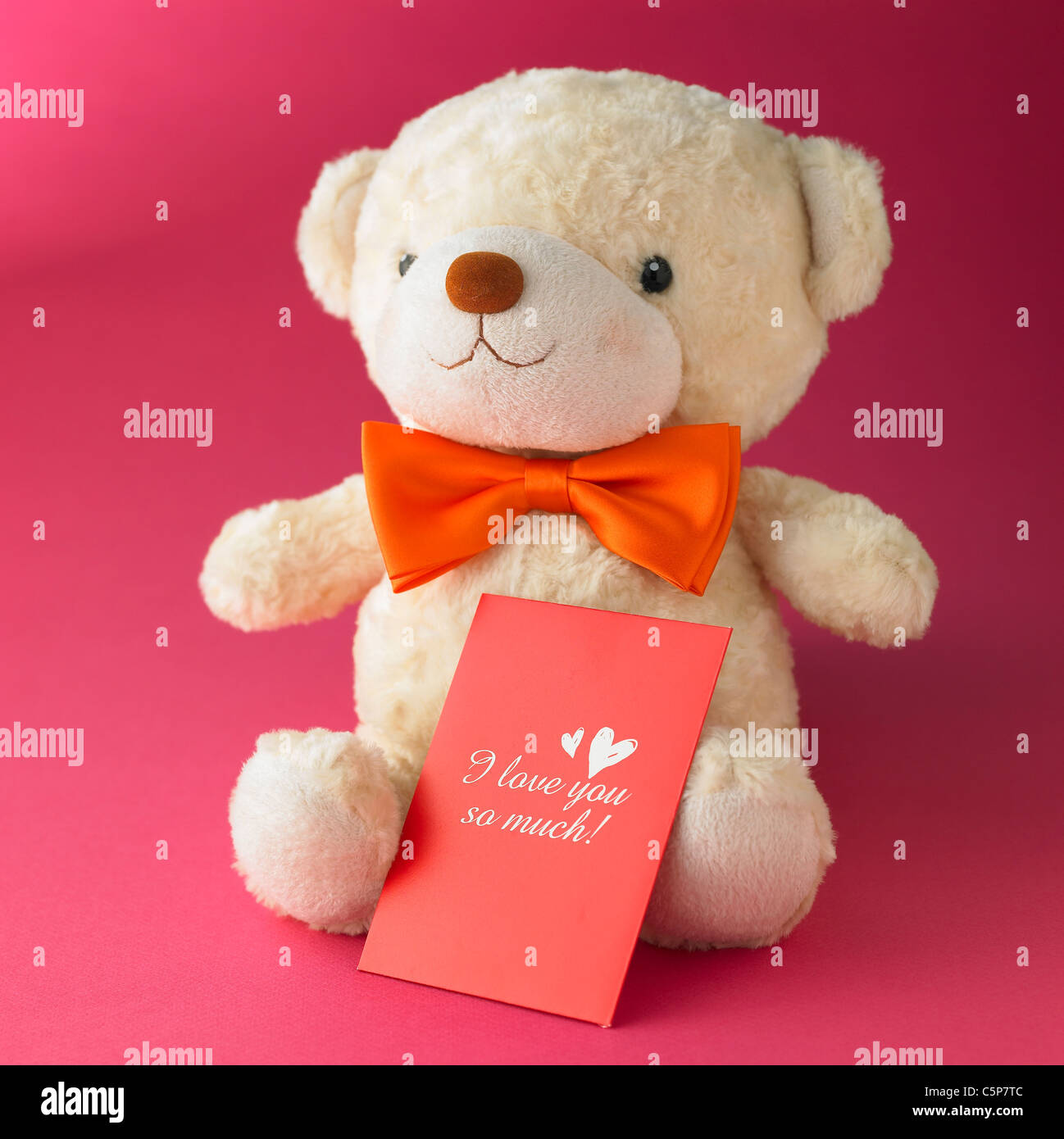 Ein Teddybär mit Textkarte Stockfoto