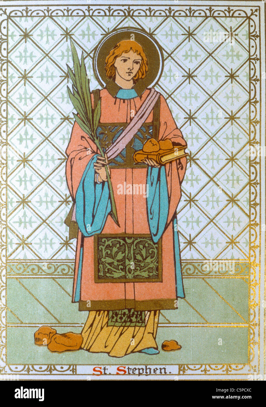 Der heilige Stephan Christian Diakon, der zu Tode gesteinigt wurde erster christlicher Märtyrer mit einer Märtyrer Palmfront, Steinen und einem Buch Stockfoto