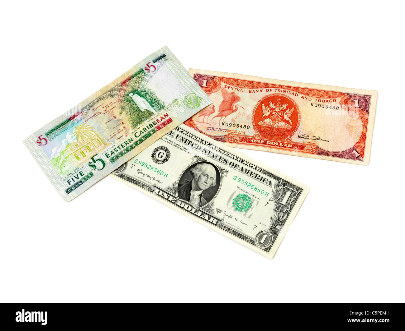 Eine Östliche Karibik 5 $-Note, eine Zentralbank von Trinidad und Tobago $1 Hinweis und eine Vereinigte Staaten von Amerika, 1 Dollar-note Stockfoto