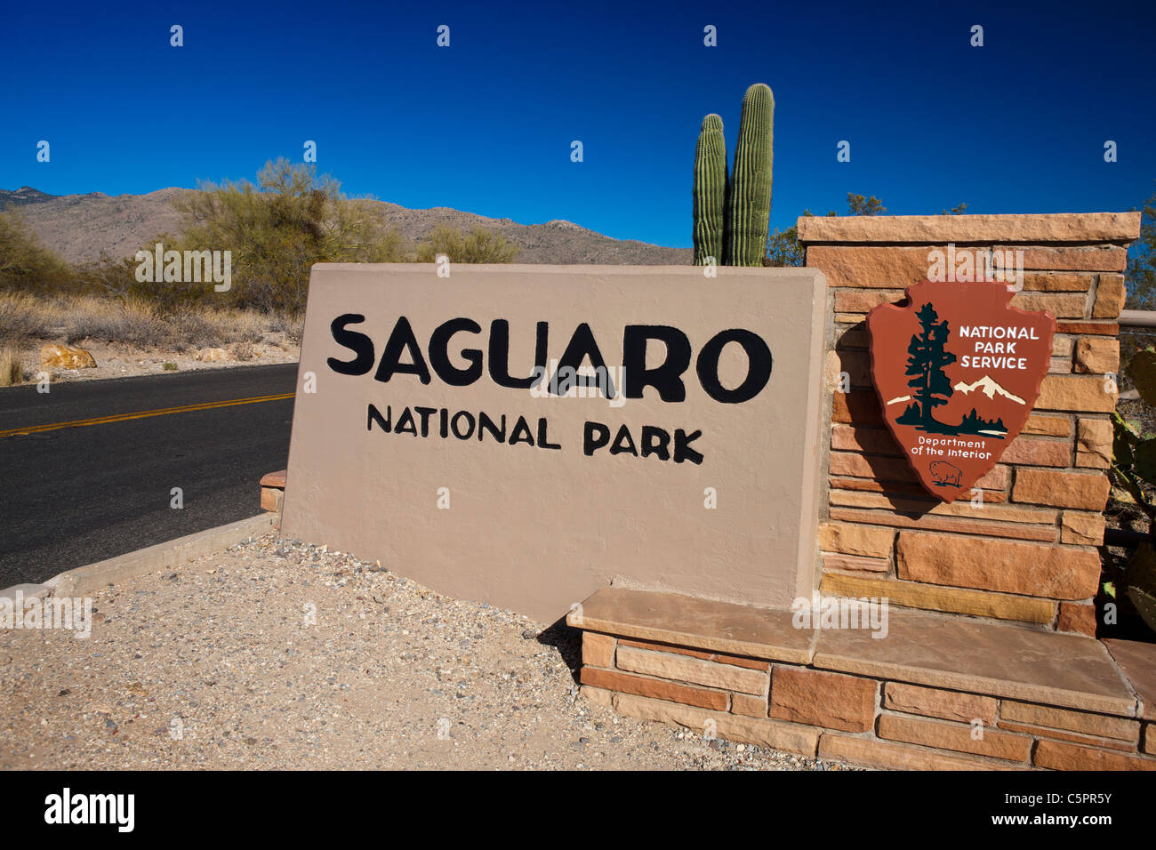 National Park Service Eingang Zeichen, Saguaro National Park, Tucson, Arizona, Vereinigte Staaten von Amerika Stockfoto