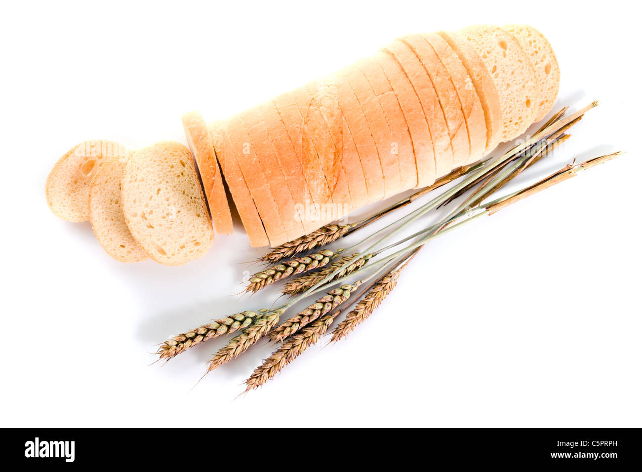 Brot und Getreide Ohren auf einem weißen Hintergrund. Stockfoto