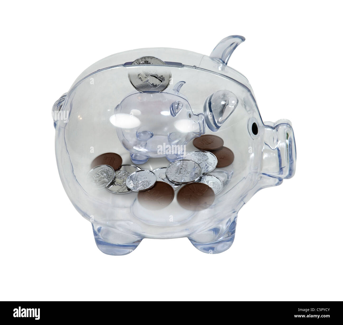 Nickel und Groschen Einsparungen durch ein Sparschwein mit gezeigt innerhalb einer anderen Piggy Bank - Pfad enthalten ändern Stockfoto