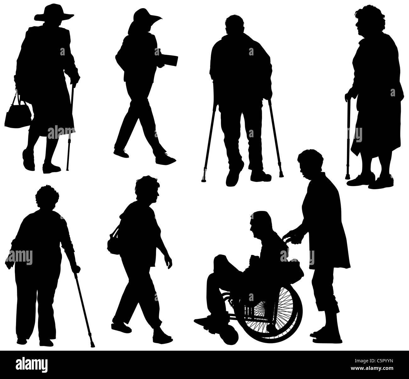 Silhouette von alten und behinderten Menschen. Stockfoto